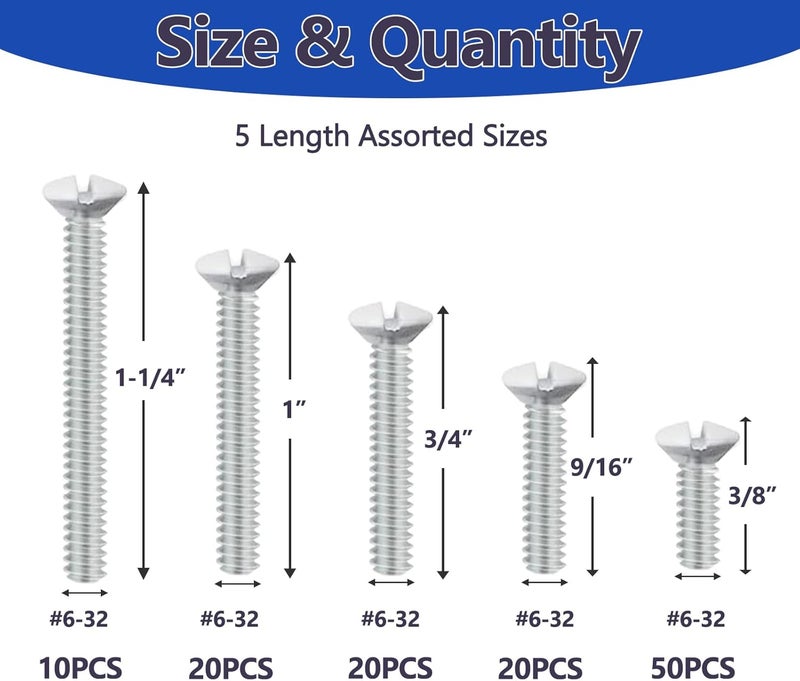 Klfte 120 pcs Wall Plate Screws, White Outlet Screws 6-32 Thread Light Electrical Cover Panel Switch Plate Screws 5 Length Sizes (3/8", 9/16", 3/4", 1", 1.2") - Image 2
